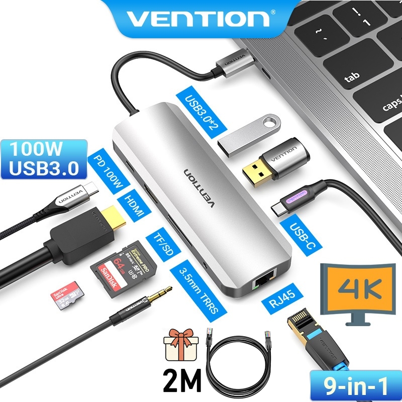 Hub USB C Vention Bộ chuyển đổi PD 100W 9 trong 1 type C VENTION với 4K HDMI 3 USB 3.0 Gigabit RJ45 