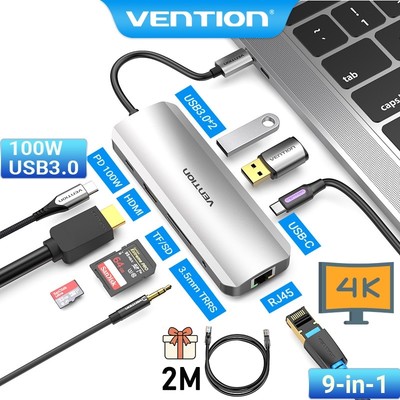 Hub USB C Vention Bộ chuyển đổi PD 100W 9 trong 1 type C VENTION với 4K HDMI 3 USB 3.0 Gigabit RJ45 Ethernet thích hợp cho Hub Huawei Matebook/Dell/Samsung
