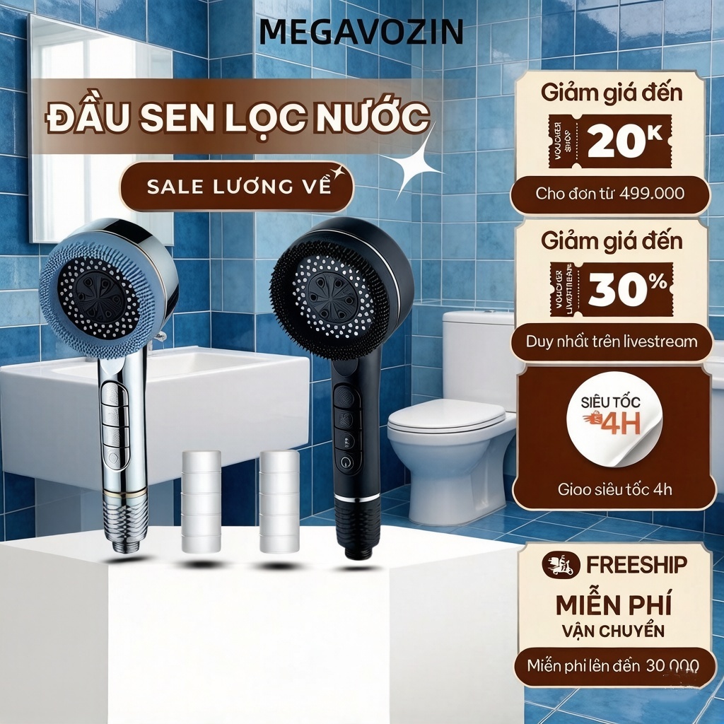 Đầu Lọc Vòi Sen 4 Chế Độ Nước, Lõi Lọc Kèm Hạt Canxi Lọc Sạch Clo, Cặn Bẩn HT042 MEGAVOZIN