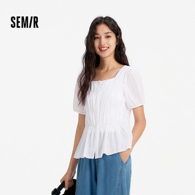 Semir 2026 Áo sơ mi nữ cotton cổ vuông tay phồng, thiết kế slim fit và thêu, phù hợp mặc hàng ngày
