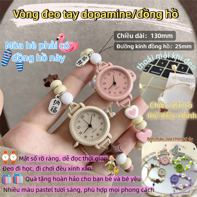 Đồng hồ đeo tay THEFEN, Đồng hồ chuỗi trái tim hình ngôi sao đính cườm có thể điều chỉnh, Mặt dây chuyền Đồng hồ thạch anh Dopamine Nữ Cô gái