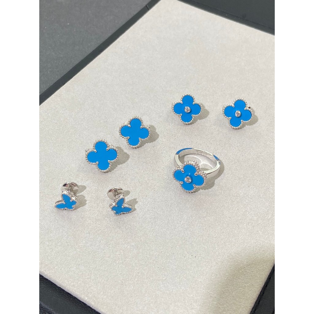 Tai nghe Turquoise Series 15mm hình bốn lá cỏ ba lá, chất lượng cao, mạ vàng AU750