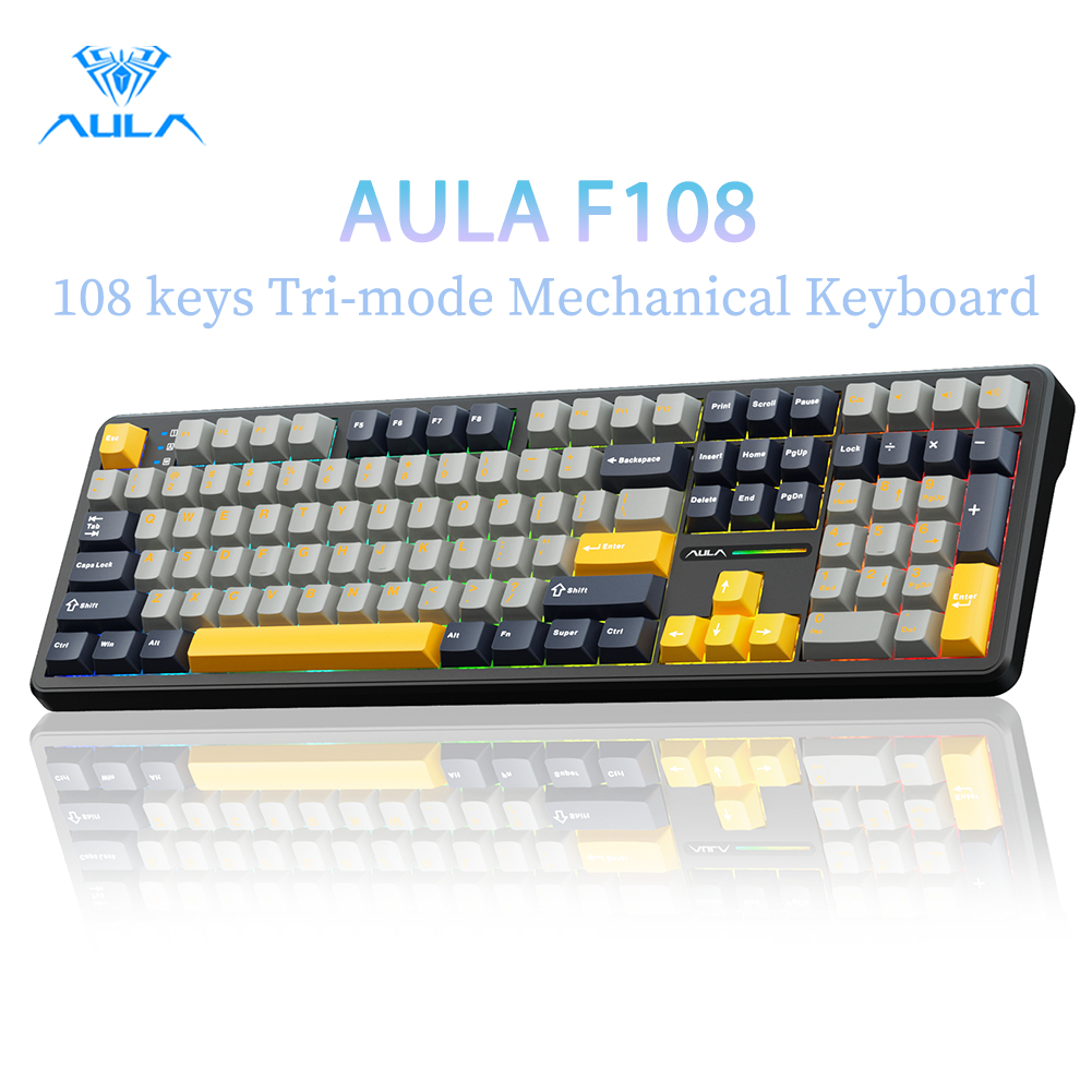 Aula F108 Bàn phím cơ tùy chỉnh 108 phím Tri-mode Hot có thể hoán đổi ánh sáng RGB PBT Keycap 4000mA