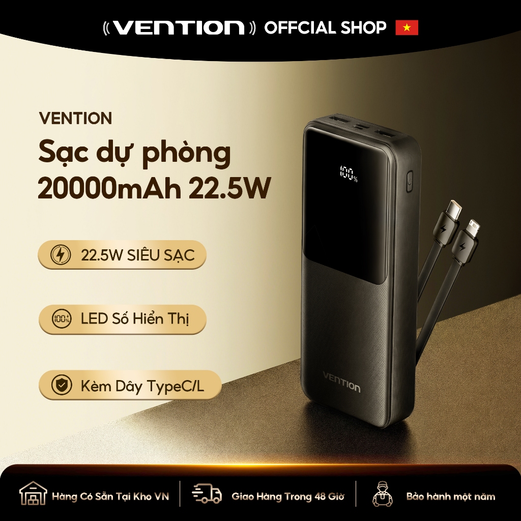 Vention  Sạc Dự Phòng 20000mAh có sạc nhanh PD 22.5W - Tích Hợp Dây Type C, L - Power Bank- Công Nghệ Sạc Nhanh -Màn hình kỹ thuật số - Pin sạc dự phòng cho phone 15 /14/13/12/11 XiaoMi Huawei Sansumg - Được Mang Lên Máy Bay - Hàng Chính Hãng, BH 12 tháng