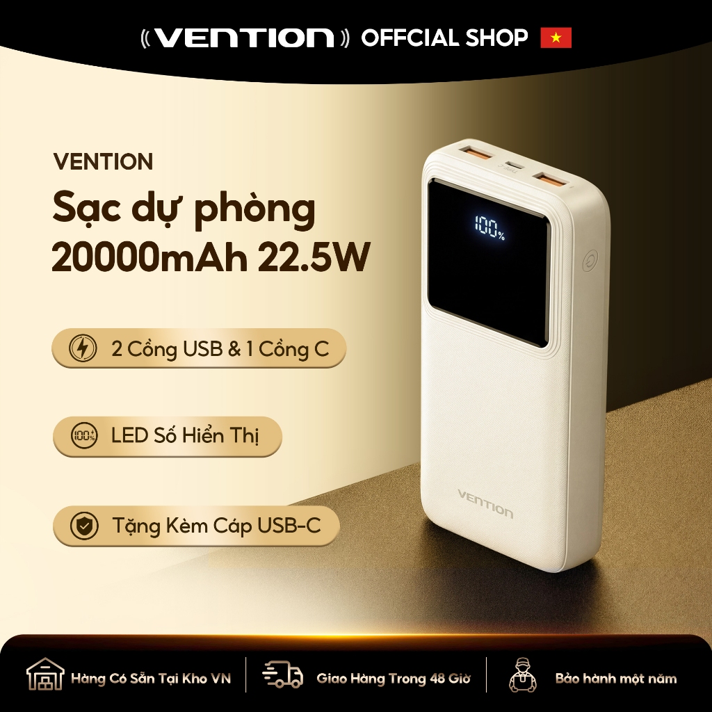 Vention Sạc dự phòng 20000mAh - Có Sạc nhanh 22.5W –Pin sạc dự phòng 3000mAh Cổng USB-A, USB-C, Micro USB - Tương thích Phone, Xiaomi, Huawei, Samsung, Oppo, Vivo - Hàng Chính Hãng