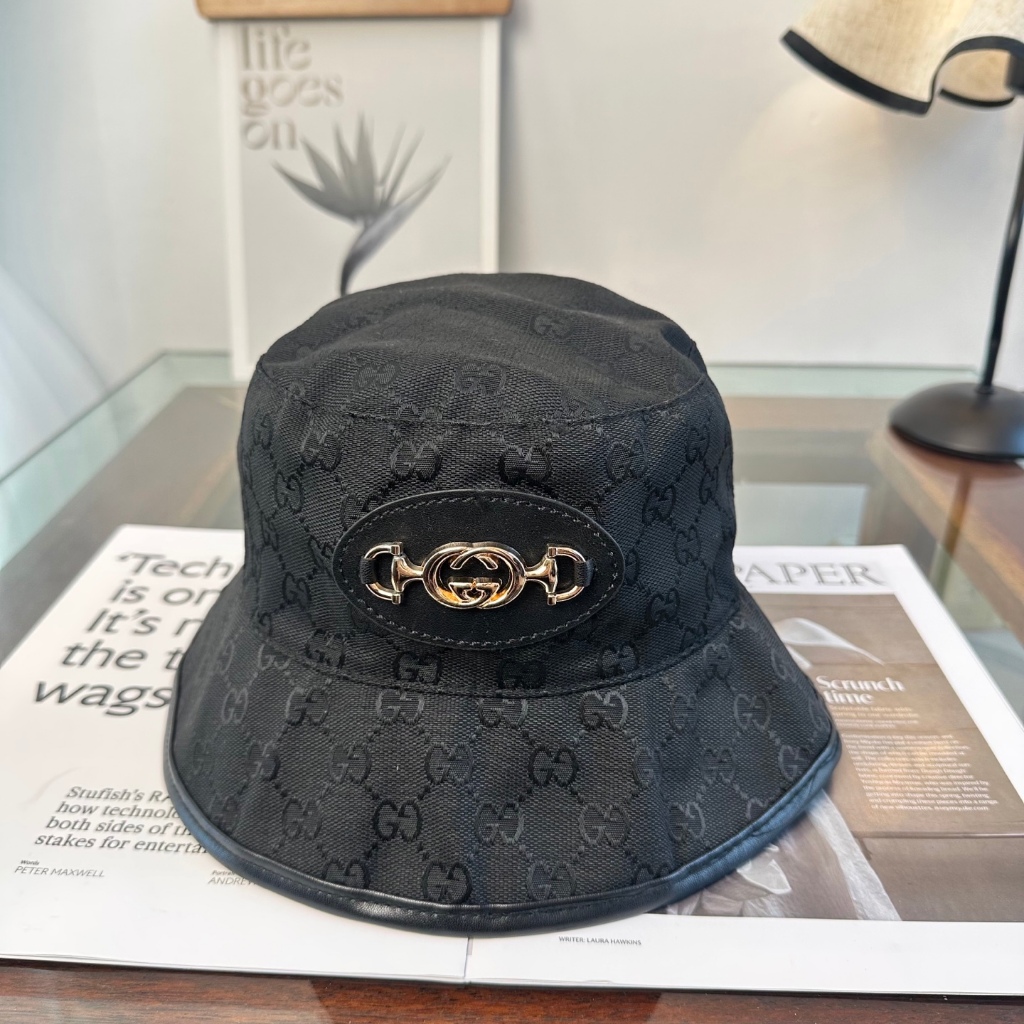 Mũ xô Gucci Mũ che nắng nữ Mũ che nắng kim loại màu đen LOGO CP
