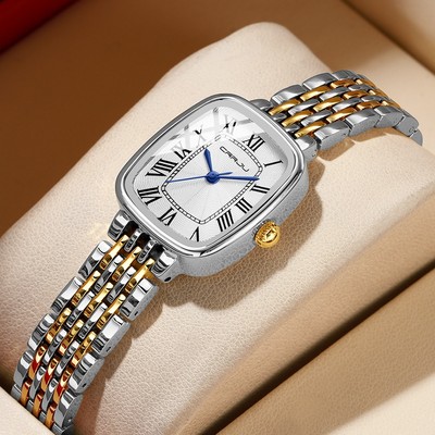 Đồng hồ nữ CRRJU mới Vòng tay bằng thép không gỉ thời trang tối giản Mặt vuông cổ điển sang trọng dành cho doanh nhân Thạch anh Analog Chống nước 5035X