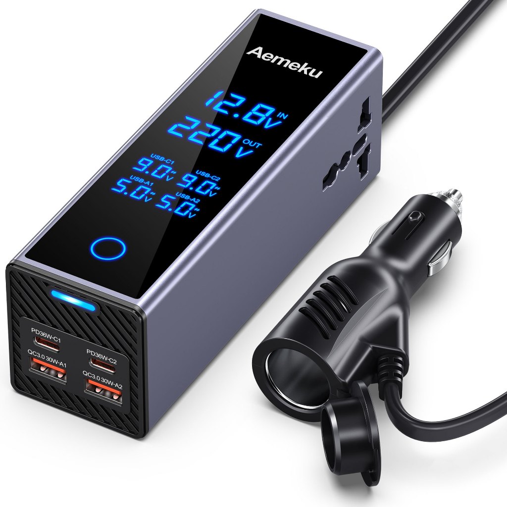 Bộ chuyển đổi nguồn điện ô tô Aemeku 200W, Màn hình lớn, Bộ sạc đa chức năng 12V / 24V sang 220V 200