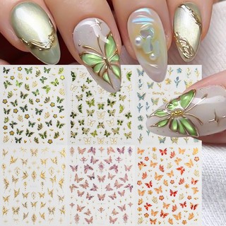 5D Vàng Bronzing Bướm Móng Tay Nghệ Thuật Dán Xanh Xanh Hồng Thạch Series Làm Móng Decal Bướm Adhesve Thanh Trượt
