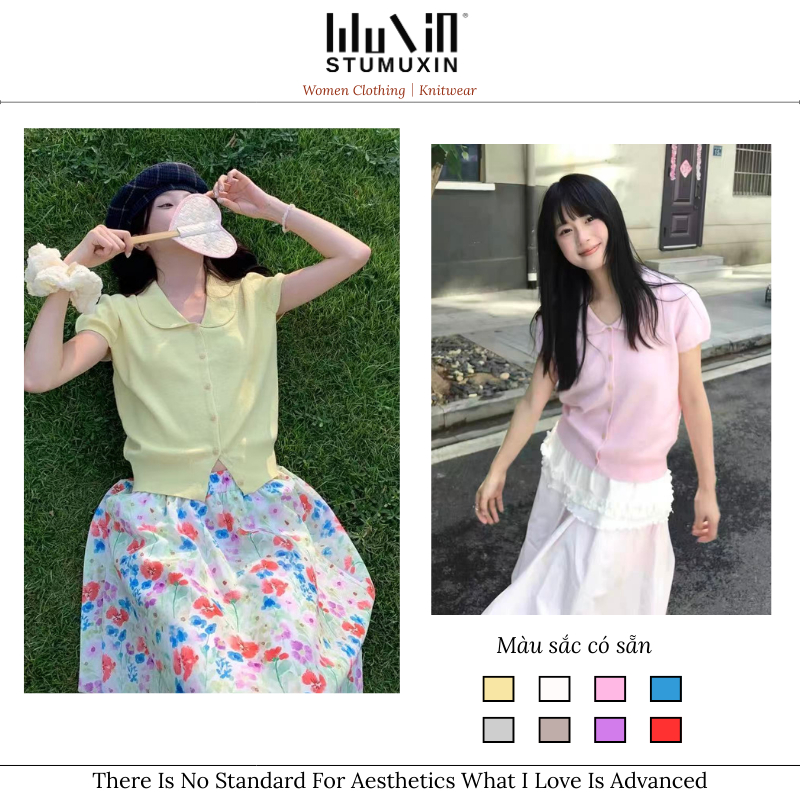 MUXIN 2026 Xuân Hè Phong Cách Mới Nữ Búp Bê Cổ Đèn Lồng Tay Ngắn Size Nhỏ Đan Ve Áo Thiết Kế Dệt Kim
