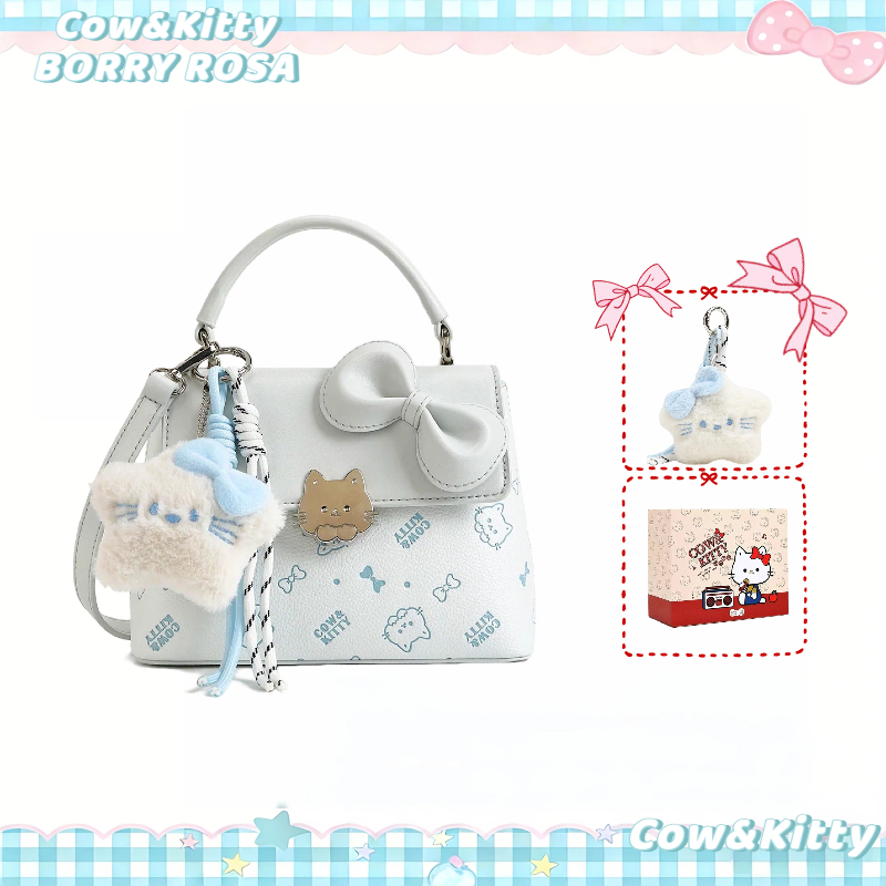 Cow & KITTY/BORRY ROSA THƯƠNG HIỆU, túi giỏ màu xanh có khóa kéo và bùa chú mèo, túi tote dành cho