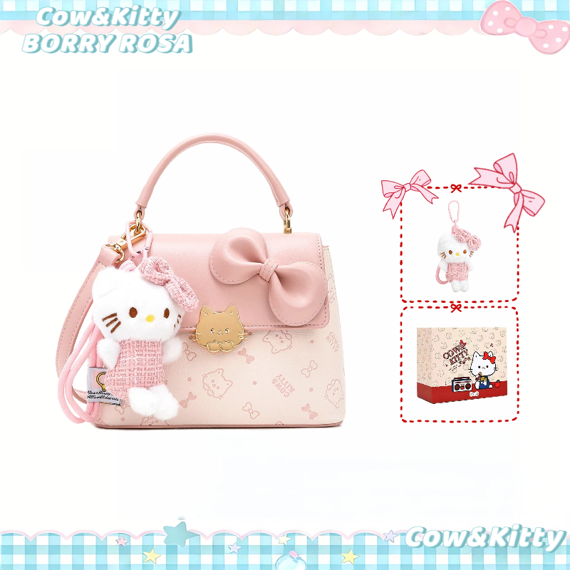 BORRY ROSA / COW & KITTY Túi xách đeo chéo màu hồng túi giỏ màu hồng có khóa kéo và bùa chú mèo