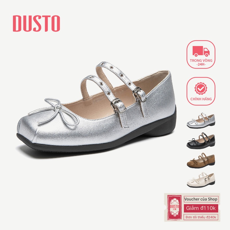 DUSTO Mary Jane Giày Nữ Mùa Xuân Phong Cách Mới Ngọt Giày Đế Bằng Thấp Gót Nơ Bạc 60318 DW26C0216A