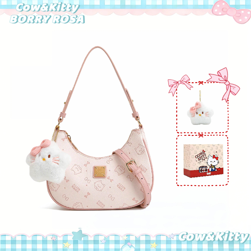 Cow&Kitty/BORRY ROSA Túi đeo vai màu hồng dễ thương Túi nửa mặt trăng màu hồng Mặt dây chuyền đám mây dễ thương