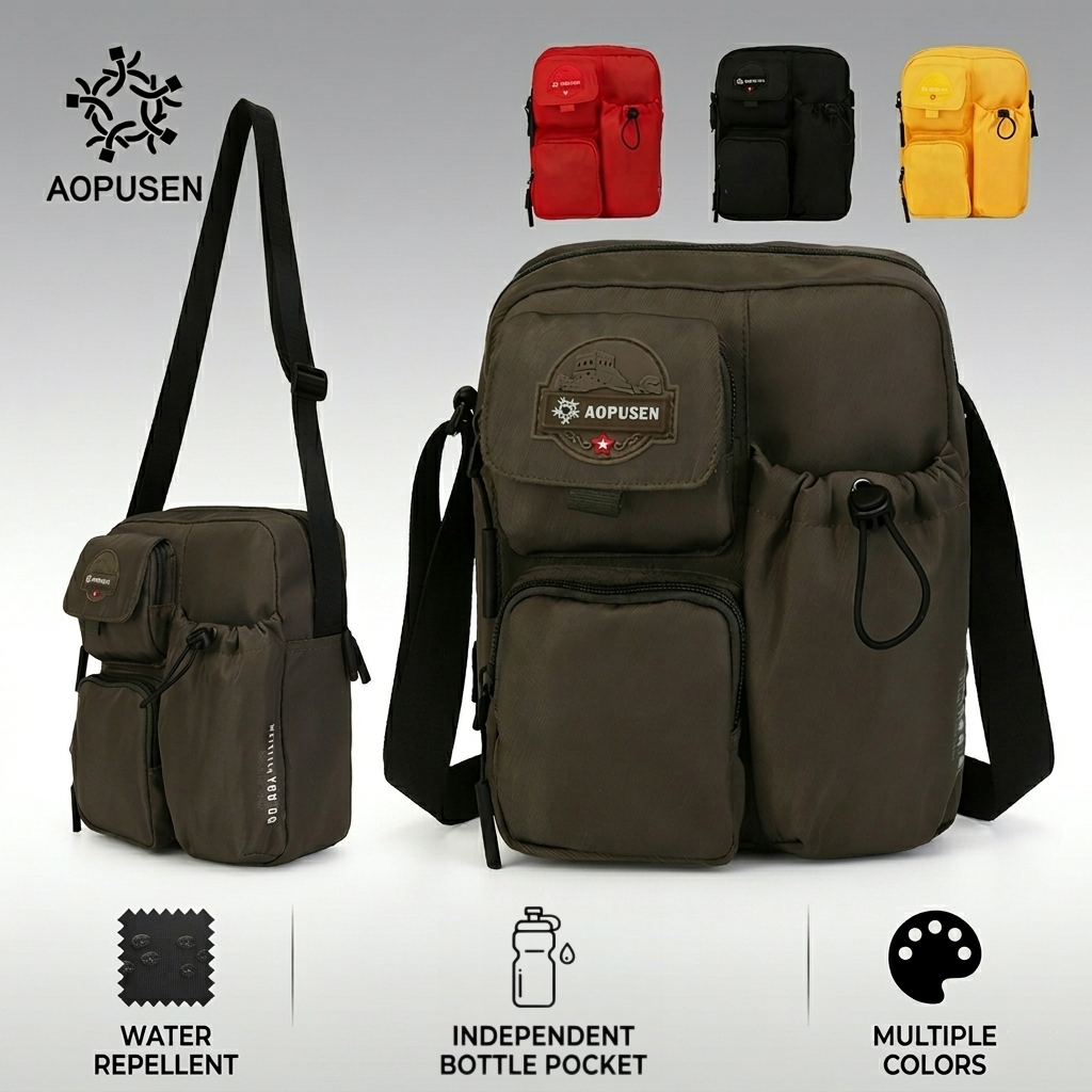 Túi đeo chéo nhiều túi AOPUSEN 10482, Túi đeo vai thông thường ngoài trời có túi đựng chai nước chuyên dụng, Ba lô sức chứa lớn Unisex bền bỉ chống nước