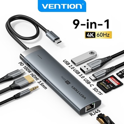 Vention HUB 9 IN 1 với HDMI 4K 60hz Bộ Chia Cổng 10Gbps pd100w hdmi Sang Cổng usb 9 Trong 1 Tiện Dụng