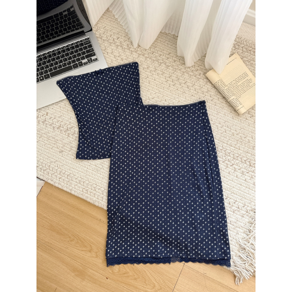 100165 Áo Vest + váy ngắn ống ngắn màu xanh hải quân hai mảnh | BigBuy360 - bigbuy360.vn