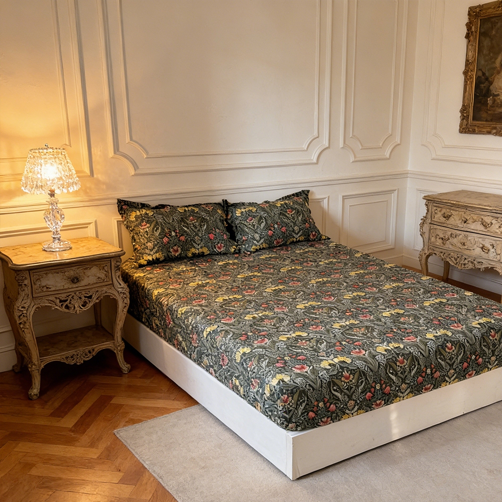 Bộ ga trải giường hoa vintage xanh đậm - Ga phủ nệm 2mx2m vải microfiber kèm 2 vỏ gối cho phòng ngủ 