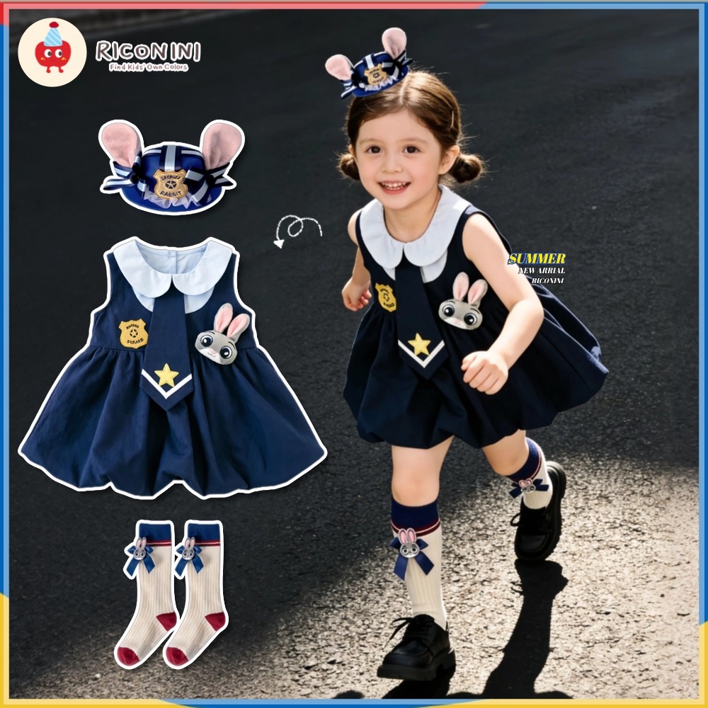 [RICONI] Bé Gái Thỏ Sĩ Quan Cảnh Sát Judy Navy Blue Dress Trẻ Em jk Dễ Thương Preppy Bud Dress