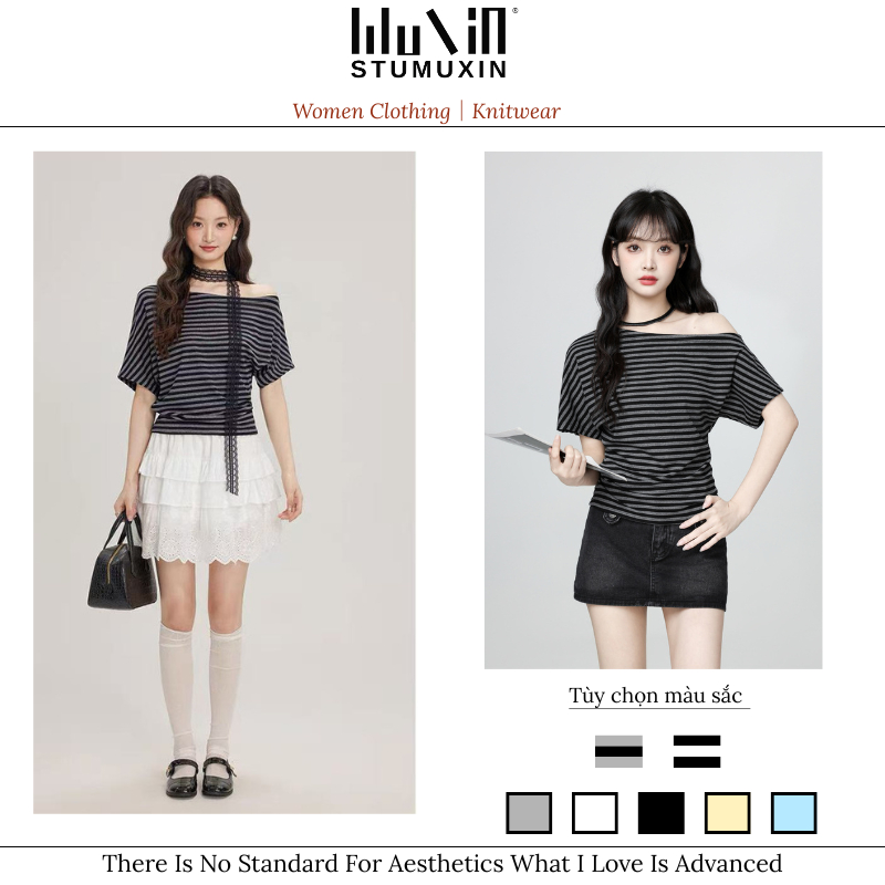 MUXIN Mùa hè 2026 mẫu mới Áo thun tay ngắn sọc trễ vai lệch vai
