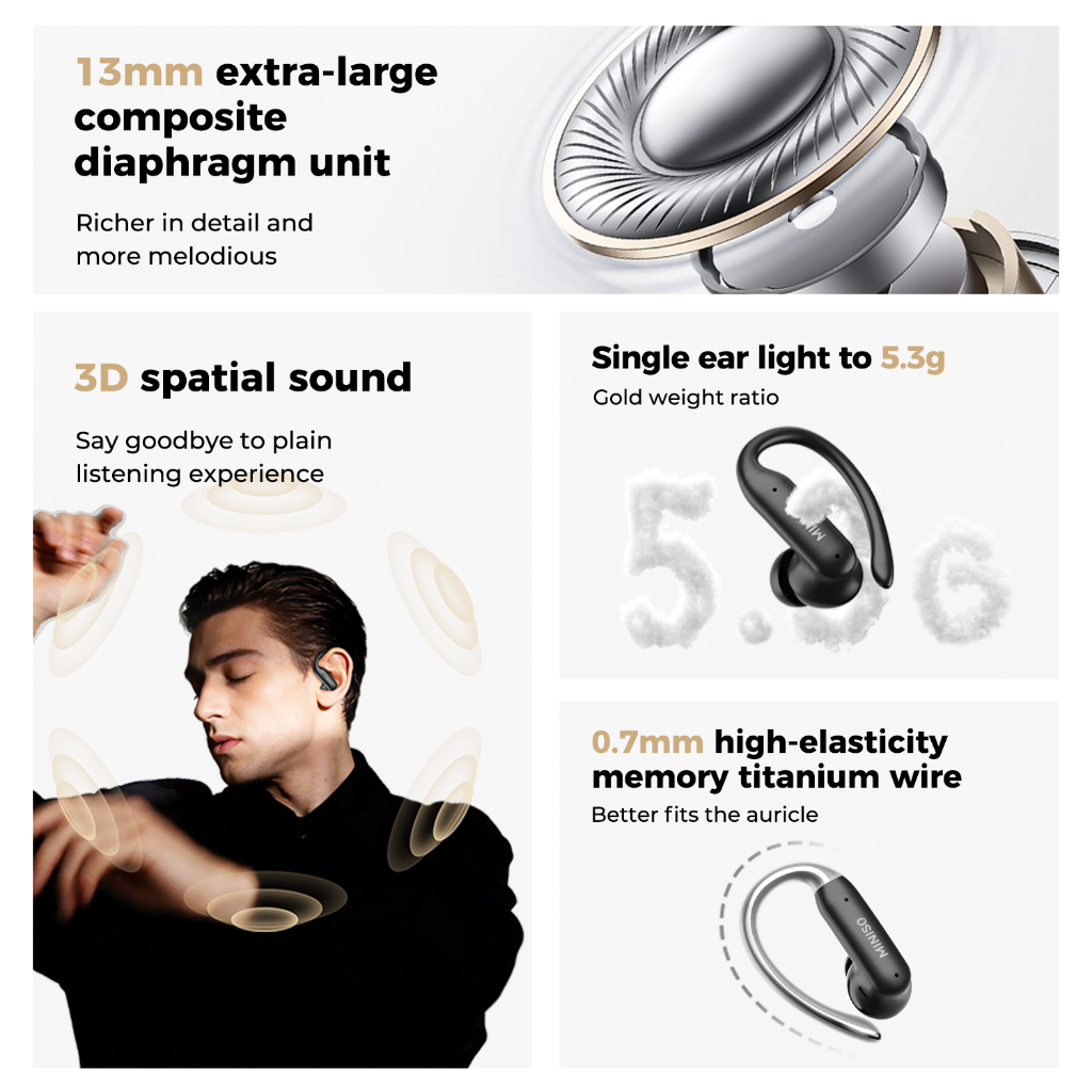 MINISO MS219  Tai Nghe OWS Dạng Kẹp Tai Thông Minh  Bluetooth 6.0, Âm Thanh HiFi Stereo  Chống Ồn ENC Chống Nước IPX5 Kết Nối Đồng Thời 2 Thiết Bị | BigBuy360 - bigbuy360.vn