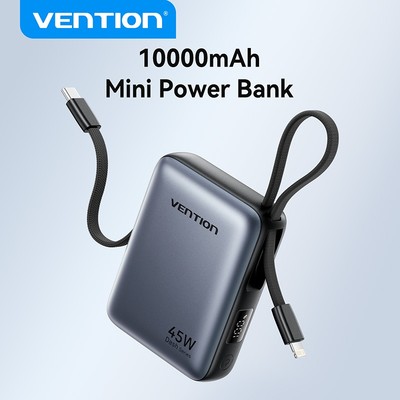 Vention 10000mAh Mini Power Bank 45W - Cáp USB-C & Lightning tích hợp, hỗ trợ iPhone / Samsung và hơn thế nữa - Màu xám chính thức
