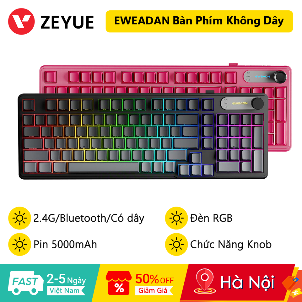 Bàn phím không dây ba chế độ EWEADN V102 Ultra RGB 2.4G & Bluetooth & USB Có dây 98 phím Bố cục nhỏ 