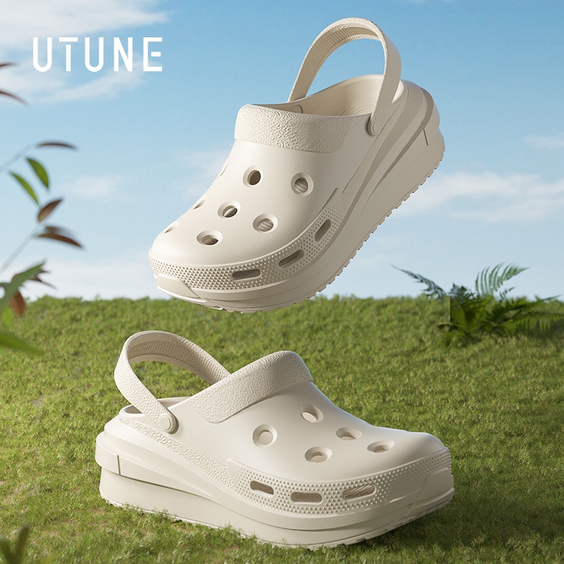 UTUNE Nữ Đi Biển Sandal Ngoài Trời 6.5 cm Đáy Dày Trọng Lượng Nhẹ Lỗ Dép Phẳng Unisex Dép Thường Ngà