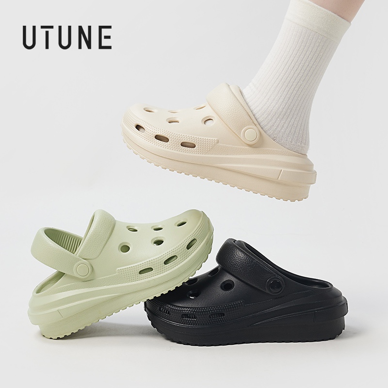 UTUNE Nữ Đi Biển Sandal Ngoài Trời 6.5 cm Đáy Dày Trọng Lượng Nhẹ Lỗ Dép Phẳng Unisex Dép Thường Ngà
