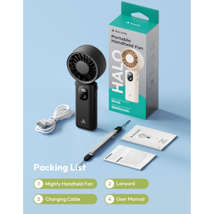 Aecooly Halo 04 Quạt cầm tay Quạt tích điện mini cầm tay Thời gian làm mát tối đa 20H, quạt cầm tay mini sạc điện 3 chế độ linh hoạt, Màn hình mức pin, Gió 5 tốc độ | BigBuy360 - bigbuy360.vn
