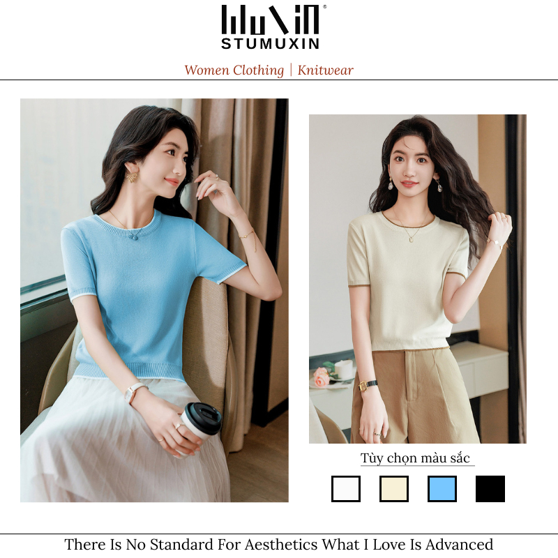 MUXIN 2026 - Áo sơ mi trắng mỏng, thiết kế màu sắc tương phản, tay ngắn thời thượng cho nữ