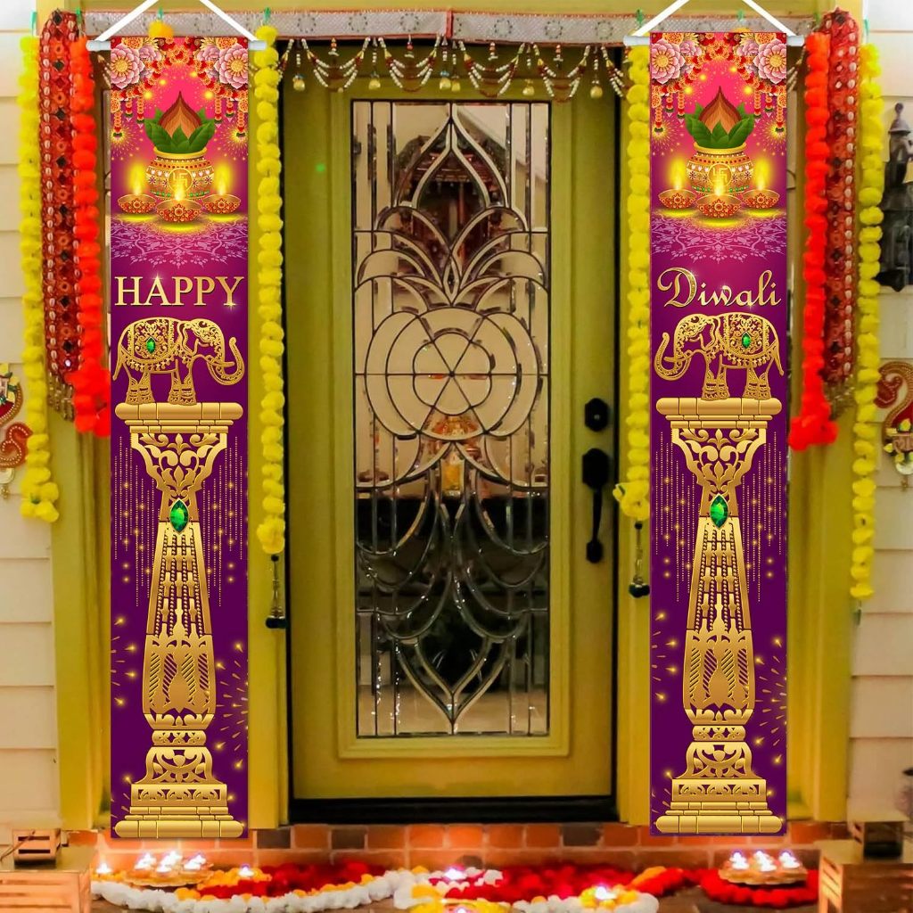 2 Chiếc Happy Diwali Porch Biểu Ngữ Lễ Hội Ấn Độ Diwali Con Công Trước Hiên Nhà Ký Chào Mừng Lễ Hội 