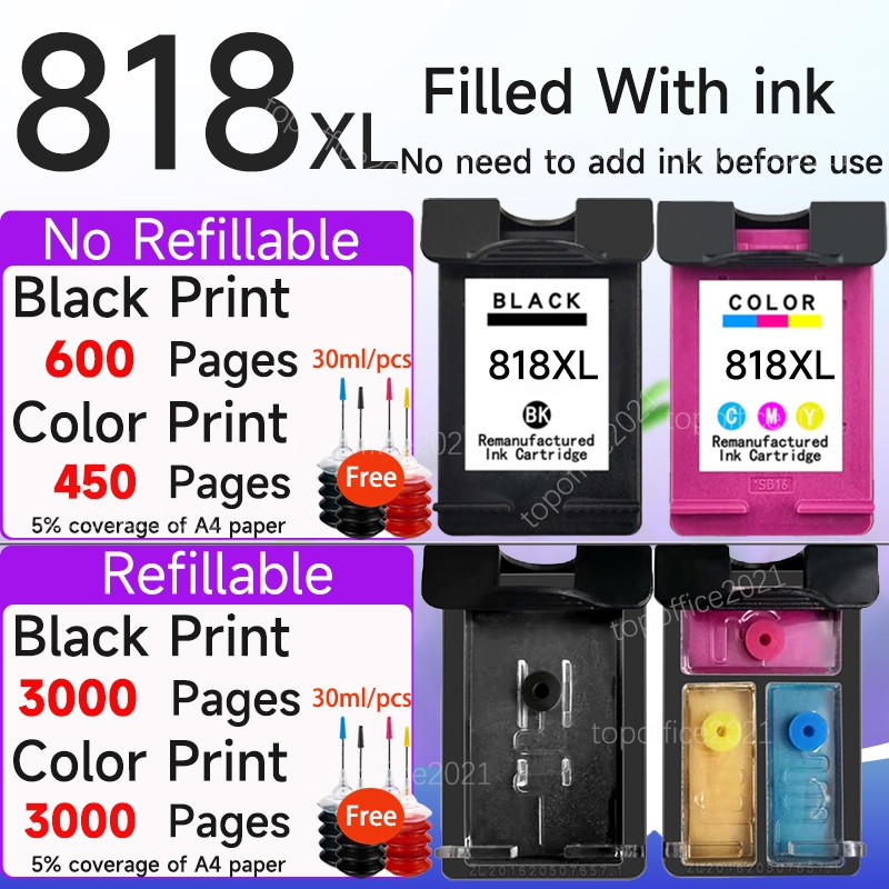 Tương thích HP 818 Hộp mực HP 818XL HP 818 Mực HP818 Đen HP818 Màu HP 818 Hộp mực cho HP818XL D1668 