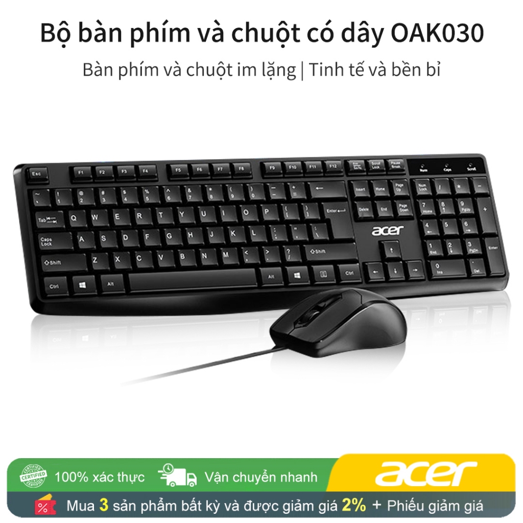 Bộ bàn phím và chuột có dây USB Acer OAK030 OAK040 Mỏng và Mỏng, Thoải mái khi chạm vào, Nút bền