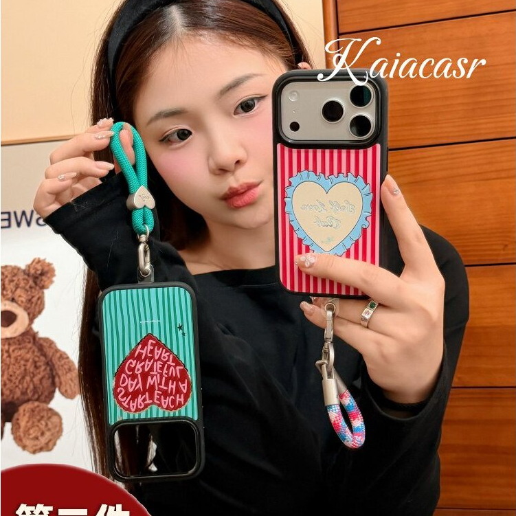 Huiwanju Màu Trơn Sọc Trái Tim Tình Yêu Cho iPhone17promax Ốp Điện Thoại ip16pro / 13 Nữ 14pro Có Dây Buộc 15pro Bao Gồm Tất Cả Chống Rơi 12