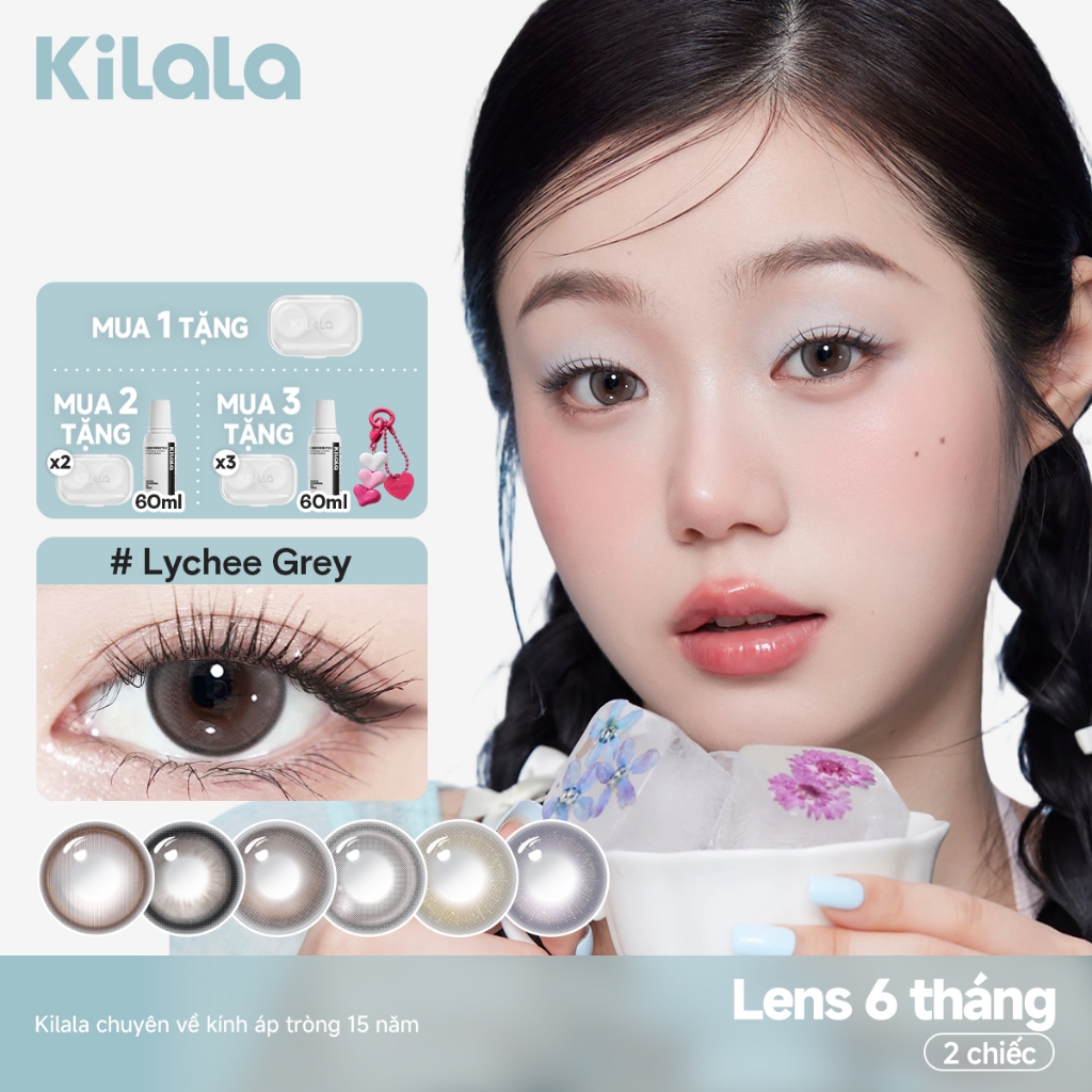 Kính áp tròng Kilala màu đen Lychee Grey/White Peach Brown/Wild Fruit Brown lens cận 6 tháng DIA 14.