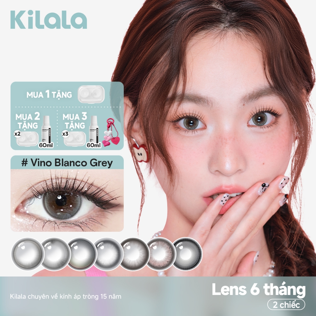 Kính áp tròng Kilala màu đen Vino Blanco Grey/Savage Gene Grey/FireworksPink cận 6 tháng DIA 14.2mm 