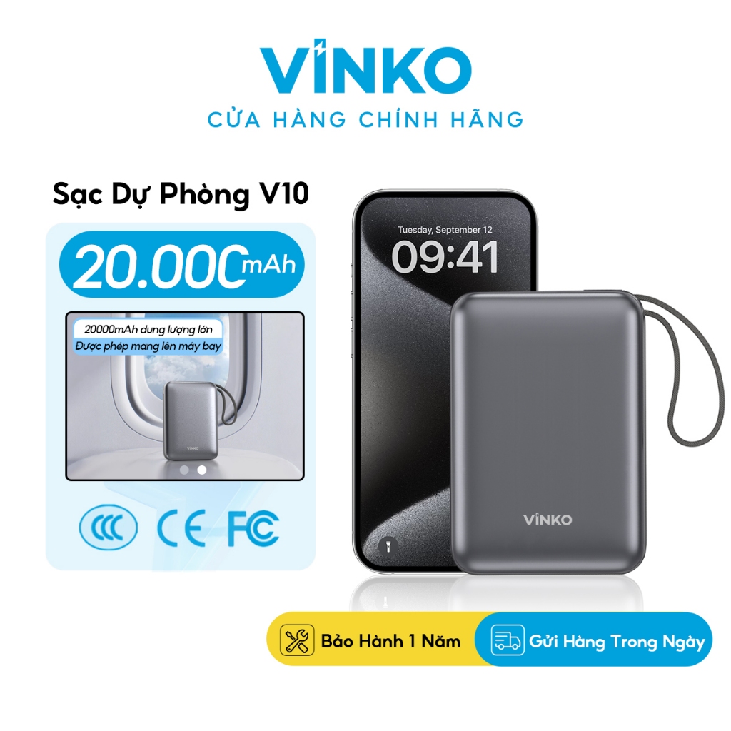 [ CCC ] Sạc dự phòng VINKO V10 20000 mAh 22.5W tích dây sạc Type-C & ip cho iPhone Android với màn hình LED 3C
