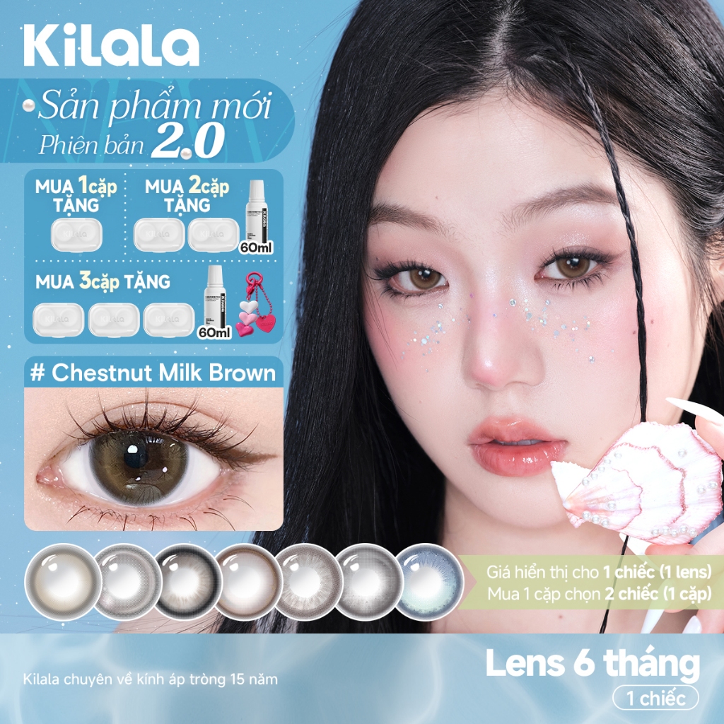 Kính áp tròng màu Kilala - Nâu Chestnut Milk Brown/ Xám Lychee Grey/ Xanh Pandora Blue lens cận 6 th