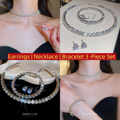 Bộ trang sức kim cương giả CZ 3 mảnh dành cho nữ - Bông tai vòng cổ vòng cổ DREJEW lấp lánh, Trang sức thời trang hợp thời trang cho tiệc cưới hàng ngày