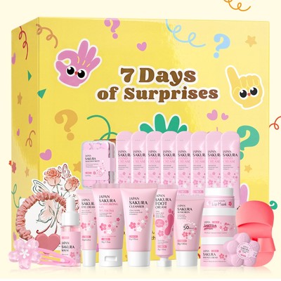 LAIKOU Hộp đếm ngược Sakura Glow 7 ngày, Lịch Mùa Vọng 23 chiếc trong 1 Bộ chăm sóc da toàn diện Quà tặng Supriese cho bé gái Phụ nữ