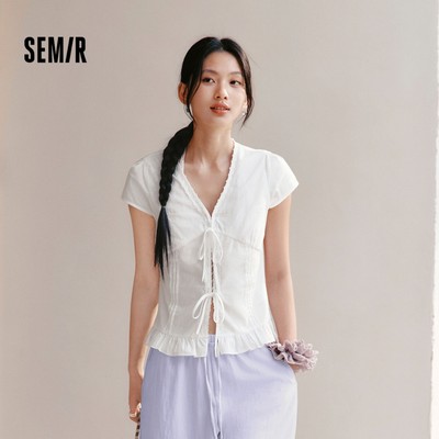 Áo sơ mi tay ngắn Semir nữ, cổ chữ V, nơ cotton mới, phù hợp mùa hè