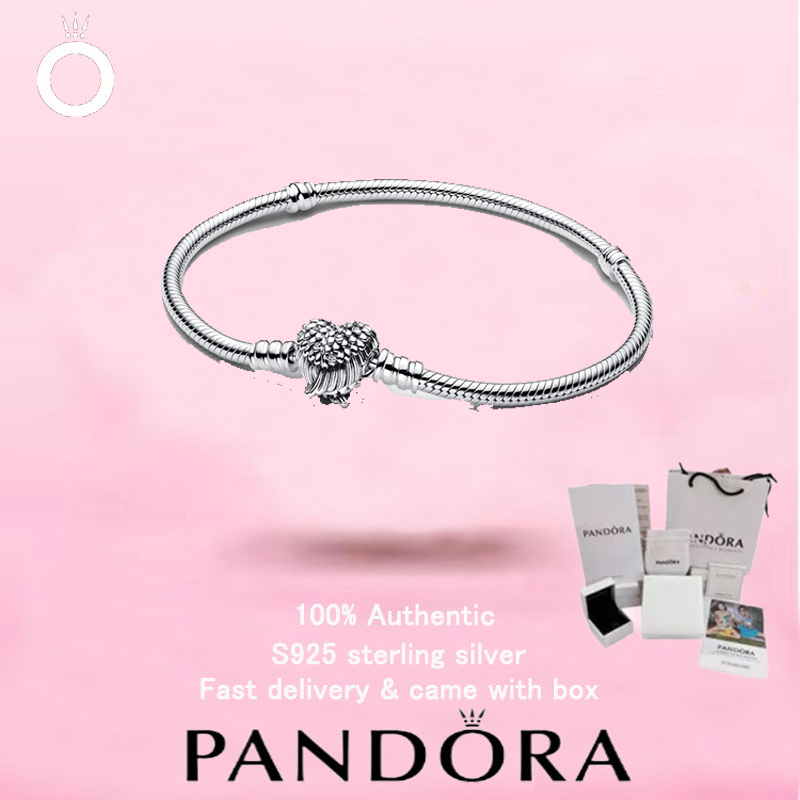 Vòng tay bạc sterling S925 Pandora hình đôi cánh tim, phù hợp làm quà tặng ngày lễ tình nhân.