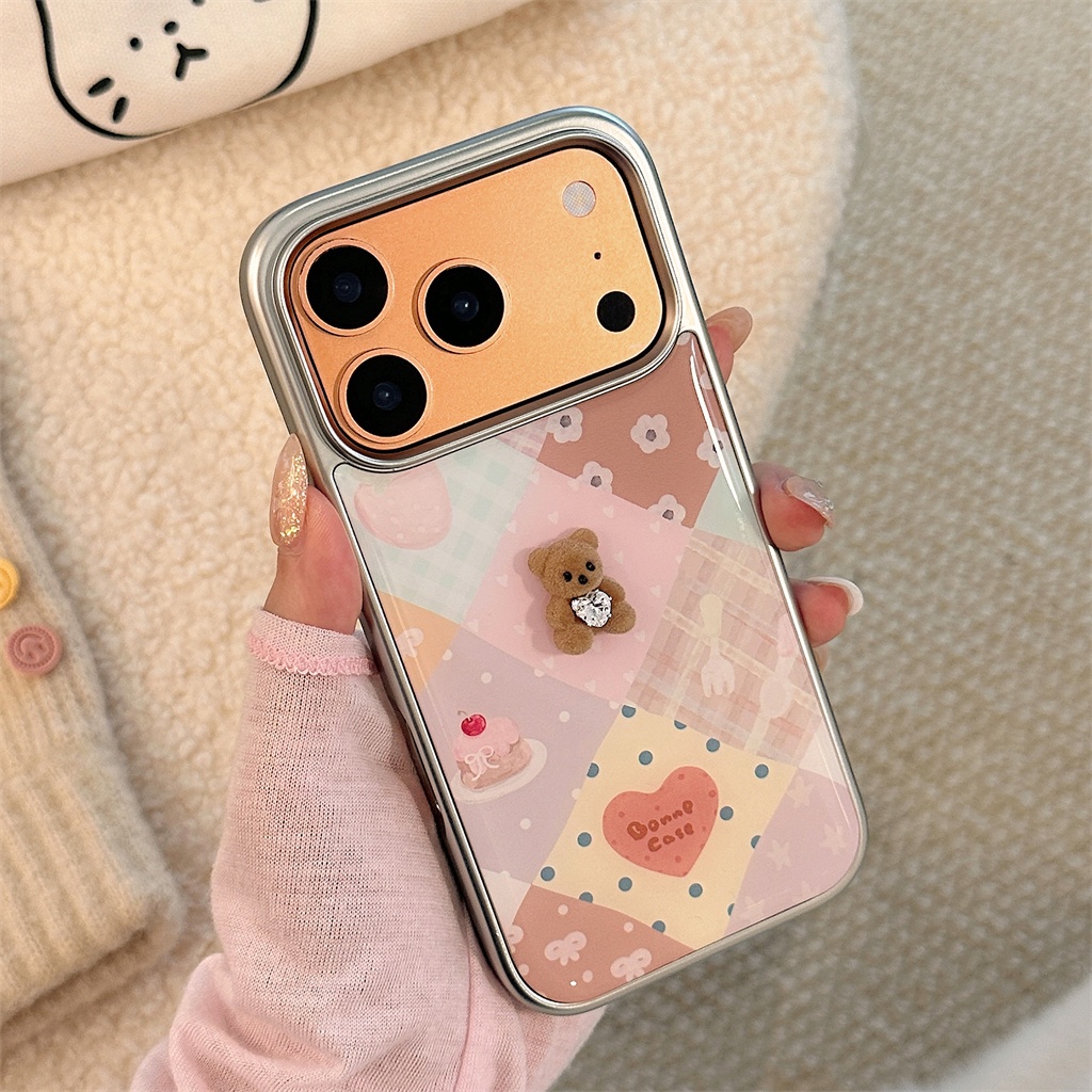 Ốp điện thoại iphone 17 Pro Max 16 Pro Max 15 Pro Max Silver Edge Tea Diamond Bear