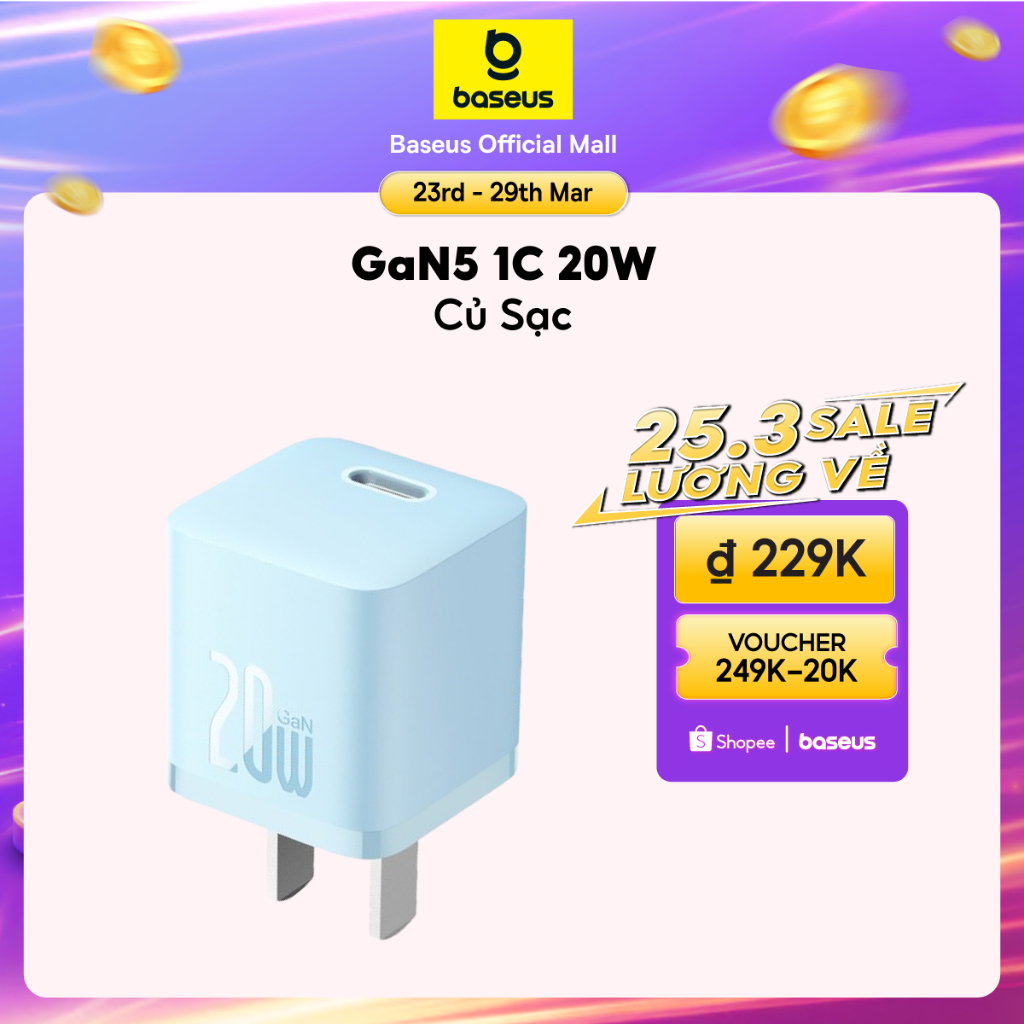 Củ sạc nhanh BASEUS PD 20W GaN5 1C thích hợp cho i14 13 12 pro max