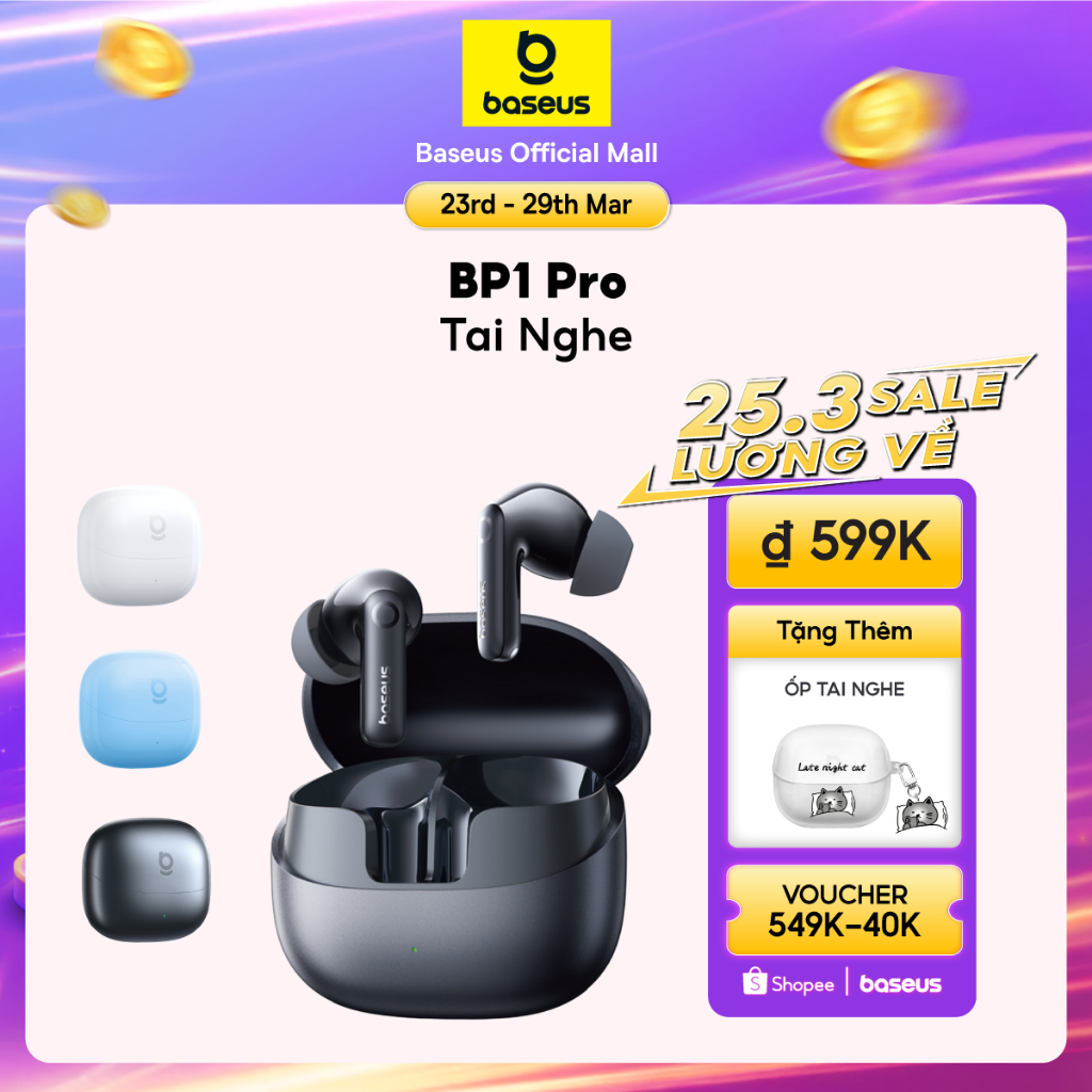 Tai nghe không dây Baseus BP1 Pro ANC -50dB Giảm tiếng ồn Hi-Res Bluetooth 6.0 IPX55 Chống nước 55Hr