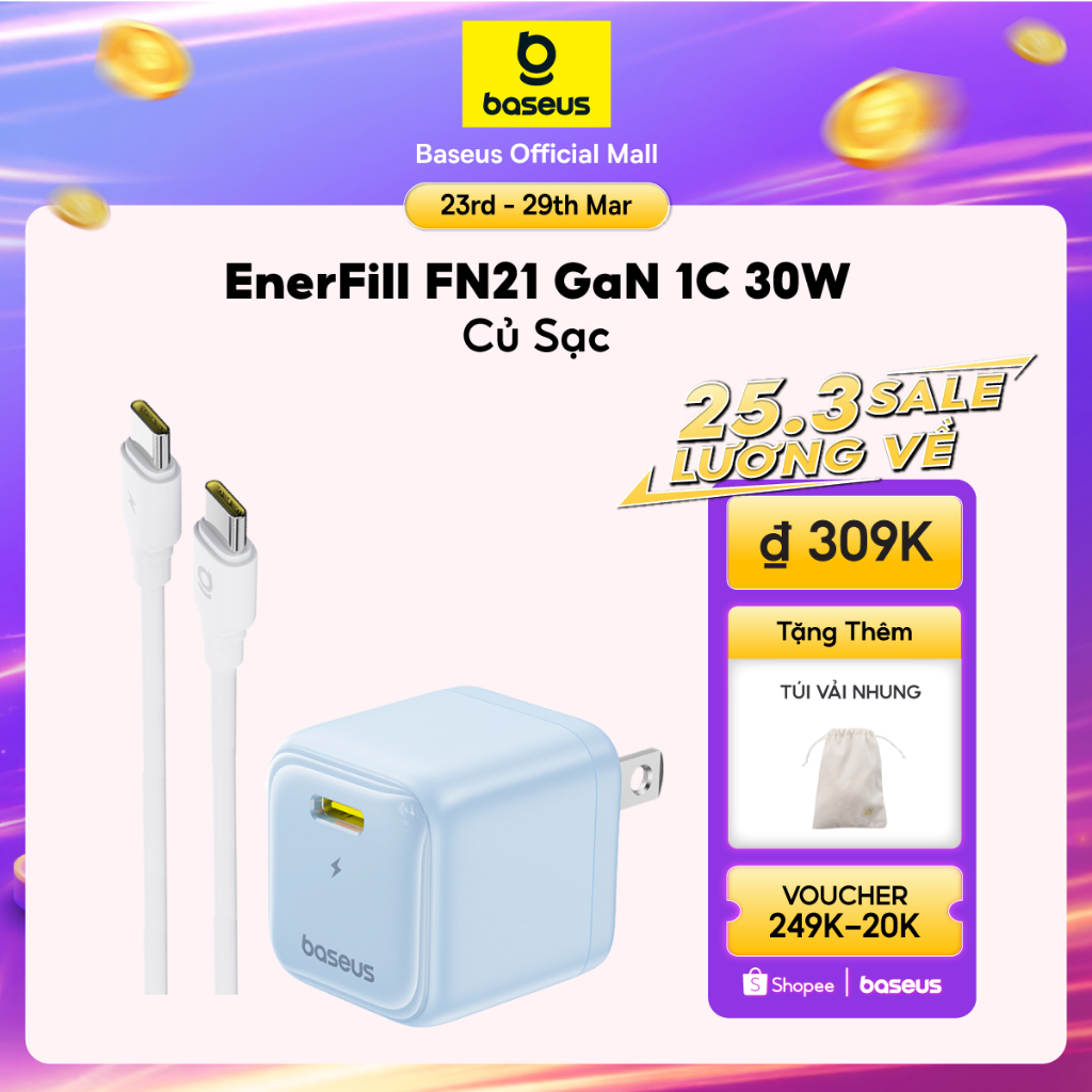 Combo Củ Sạc Nhanh  Baseus GaN 30W FN21 Kèm Dây Type-C PD 30W, Kiểm Soát Nhiệt Thông Minh, Size Nhỏ 