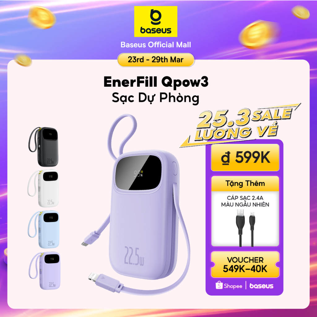 【CCC Certified】Baseus QPow3 Pin Dự Phòng Sạc Nhanh Màn Hình Kỹ Thuật Số – Cáp Kép, Kích Thước Nhỏ, Có Chứng Nhận CCC