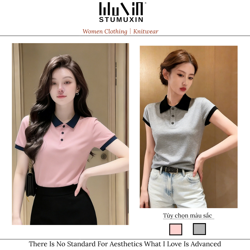 MUXIN Phong Cách Mới Polo Ba Chiều Vai Dệt Kim Ngắn Tay Top Nữ
