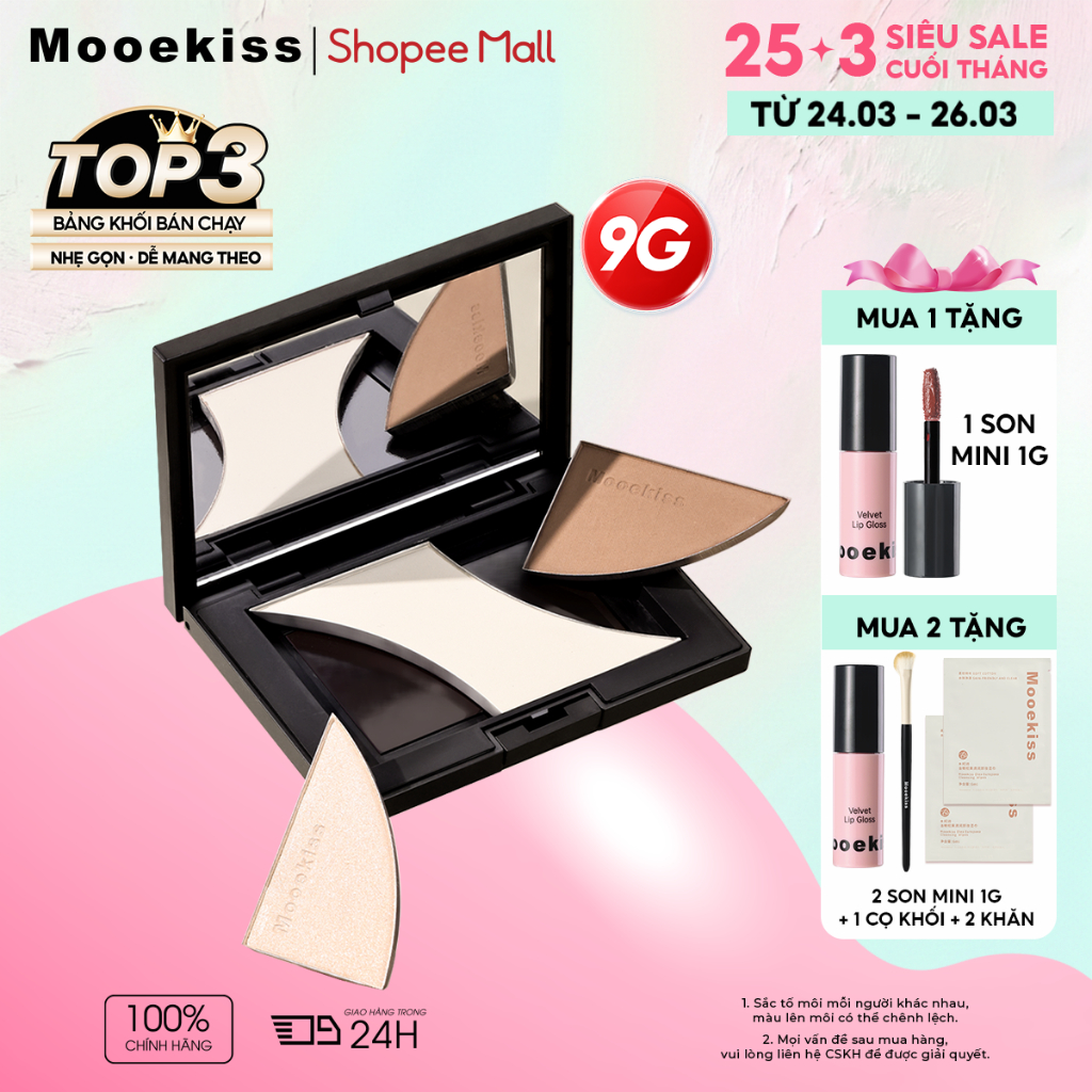 Bảng tạo khối Mooekiss 3 màu phiên bản 9g, tích hợp contour và highlight tiện dụng